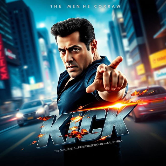 A dynamic and action-packed movie thumbnail for "Kick" featuring Salman Khan