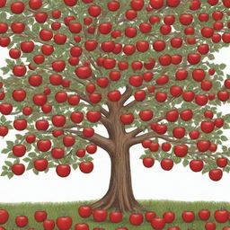 A whimsical cartoon-style tree, overflowing with bright red apples.