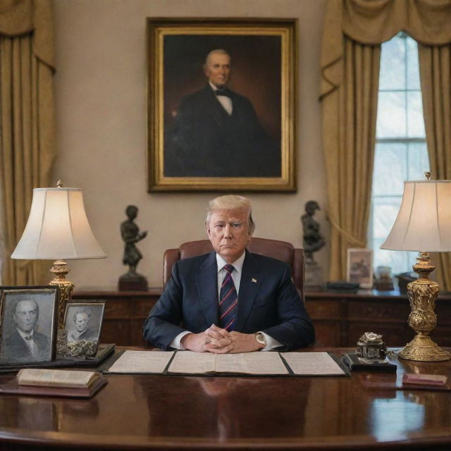 Elegant portrait of a president in their office surrounded by historical memorabilia.