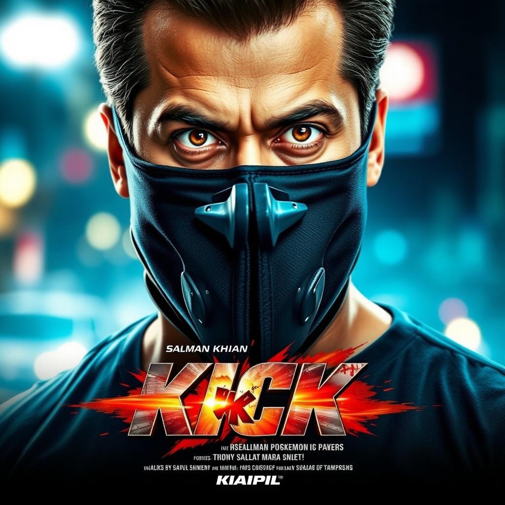 A dynamic and action-packed movie thumbnail for "Kick" featuring Salman Khan wearing a distinctive face mask