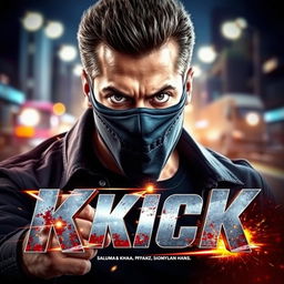 A dynamic and action-packed movie thumbnail for "Kick" featuring Salman Khan wearing a distinctive face mask