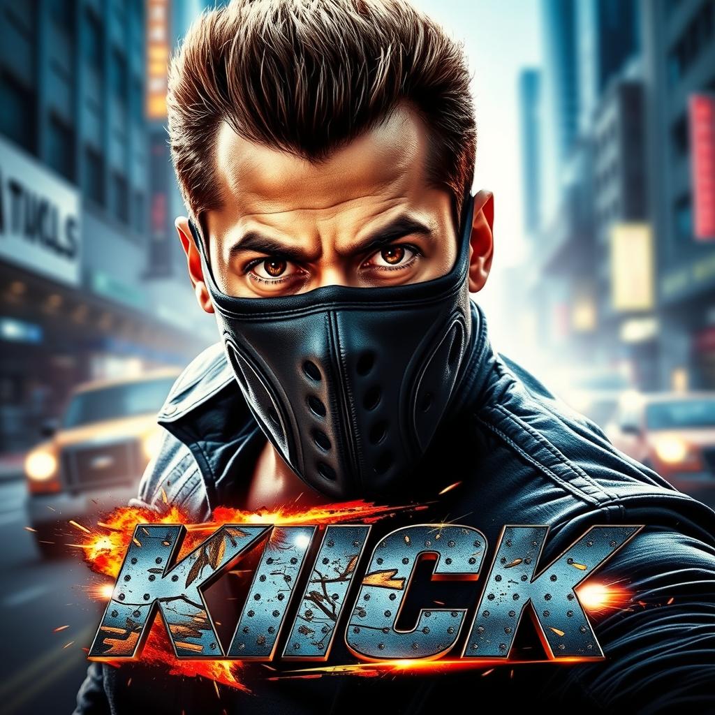 A dynamic and action-packed movie thumbnail for "Kick" featuring Salman Khan wearing a distinctive face mask