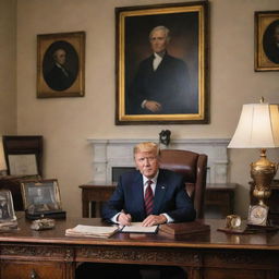 Elegant portrait of a president in their office surrounded by historical memorabilia.