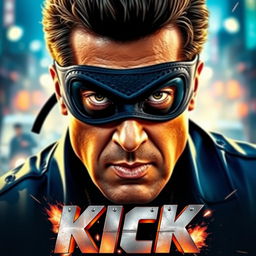 A thrilling movie thumbnail for "Kick" featuring Salman Khan wearing an eye mask