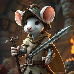 A slender and cheerful humanoid white mouse character in a light leather armor, adorned with a cutting-edge dragon scale hunter hat