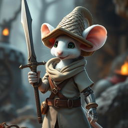 A slender and cheerful humanoid white mouse character in a light leather armor, adorned with a cutting-edge dragon scale hunter hat