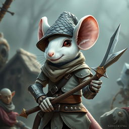 A slender and cheerful humanoid white mouse character in a light leather armor, adorned with a cutting-edge dragon scale hunter hat