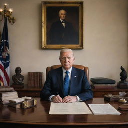 Elegant portrait of a president in their office surrounded by historical memorabilia.