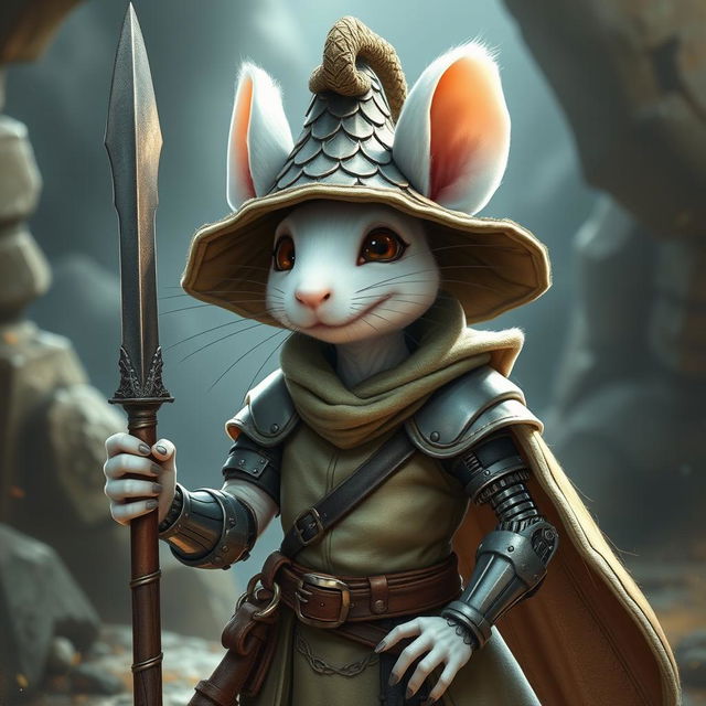 A slender and cheerful humanoid white mouse character in a light leather armor, adorned with a cutting-edge dragon scale hunter hat