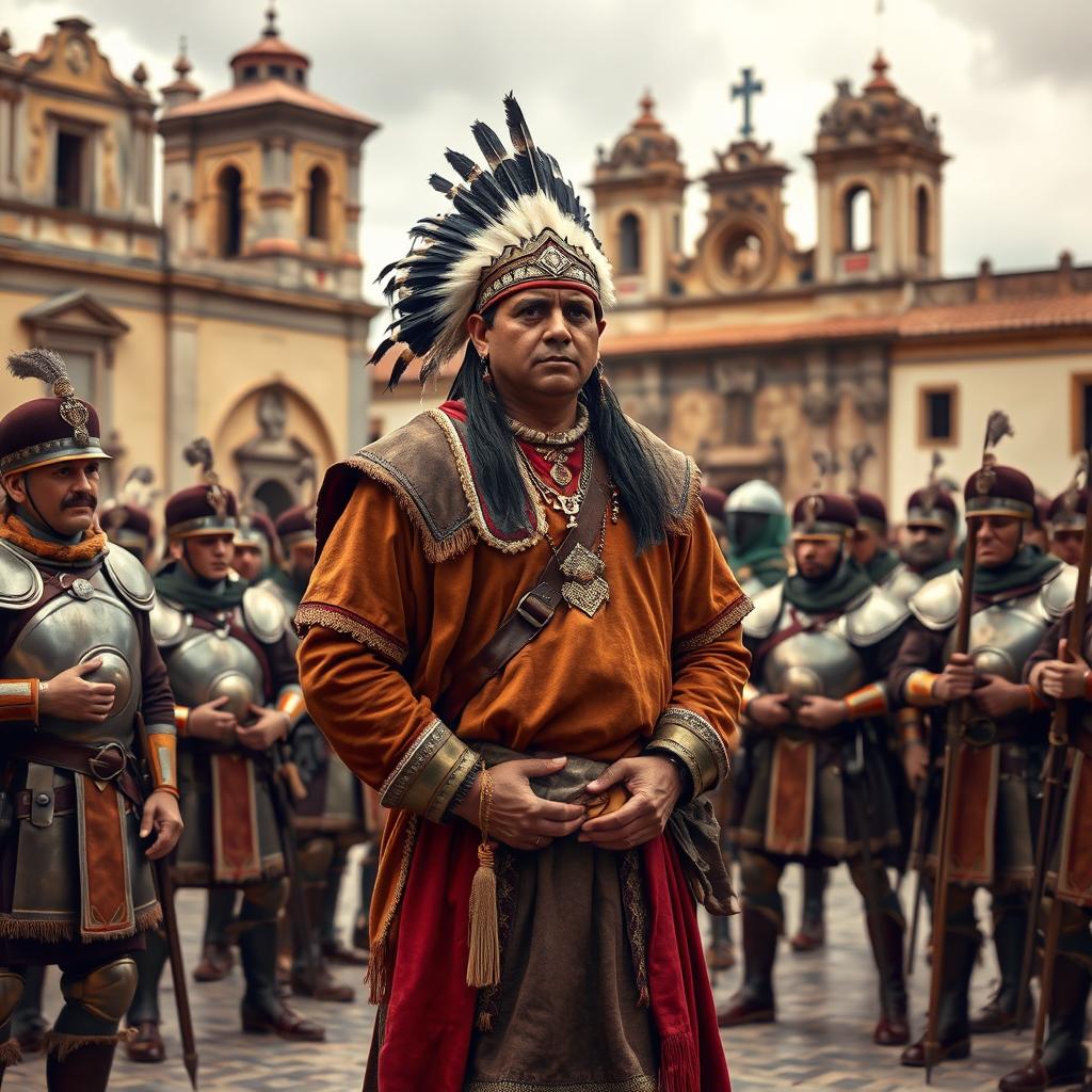 King Atahualpa standing in the plaza of Cajamarca, his hands tied behind his back by Spanish conquistadors