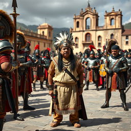 King Atahualpa standing in the plaza of Cajamarca, his hands tied behind his back by Spanish conquistadors