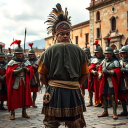 King Atahualpa standing in the plaza of Cajamarca, his hands tied behind his back by Spanish conquistadors