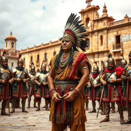 King Atahualpa standing in the plaza of Cajamarca, his hands tied behind his back by Spanish conquistadors