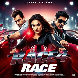 A stylish and thrilling movie thumbnail for "Race 4" featuring Salman Khan, Jacqueline Fernandez, and Shahrukh Khan