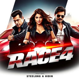 A stylish and thrilling movie thumbnail for "Race 4" featuring Salman Khan, Jacqueline Fernandez, and Shahrukh Khan