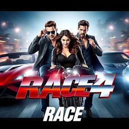 A stylish and thrilling movie thumbnail for "Race 4" featuring Salman Khan, Jacqueline Fernandez, and Shahrukh Khan