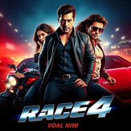 A stylish and thrilling movie thumbnail for "Race 4" featuring Salman Khan, Jacqueline Fernandez, and Shahrukh Khan