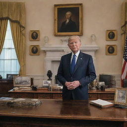 Elegant portrait of a president in their office surrounded by historical memorabilia.