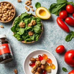 A dynamic background featuring images of nutrient-rich foods and recommended supplements to boost testosterone levels, such as nuts, spinach, and vitamins