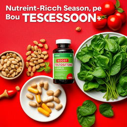 A dynamic background featuring images of nutrient-rich foods and recommended supplements to boost testosterone levels, such as nuts, spinach, and vitamins