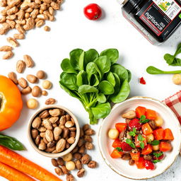 A dynamic background featuring images of nutrient-rich foods and recommended supplements to boost testosterone levels, such as nuts, spinach, and vitamins