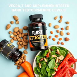 A dynamic background featuring images of nutrient-rich foods and recommended supplements to boost testosterone levels, such as nuts, spinach, and vitamins