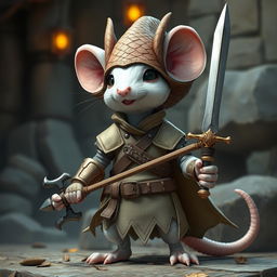 A slender and cheerful humanoid white mouse character in a light leather armor, adorned with a cutting-edge dragon scale hunter hat