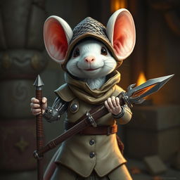 A slender and cheerful humanoid white mouse character in a light leather armor, adorned with a cutting-edge dragon scale hunter hat