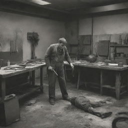 A dramatic scene of an individual in a lithography workshop dealing with an unexpected equipment accident, maintaining workplace safety, no blood or gore