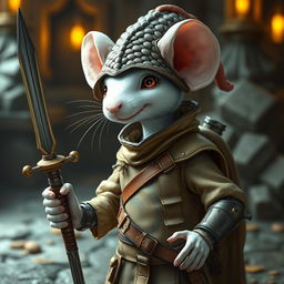 A slender and cheerful humanoid white mouse character in a light leather armor, adorned with a cutting-edge dragon scale hunter hat