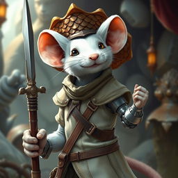 A slender and cheerful humanoid white mouse character in a light leather armor, adorned with a cutting-edge dragon scale hunter hat