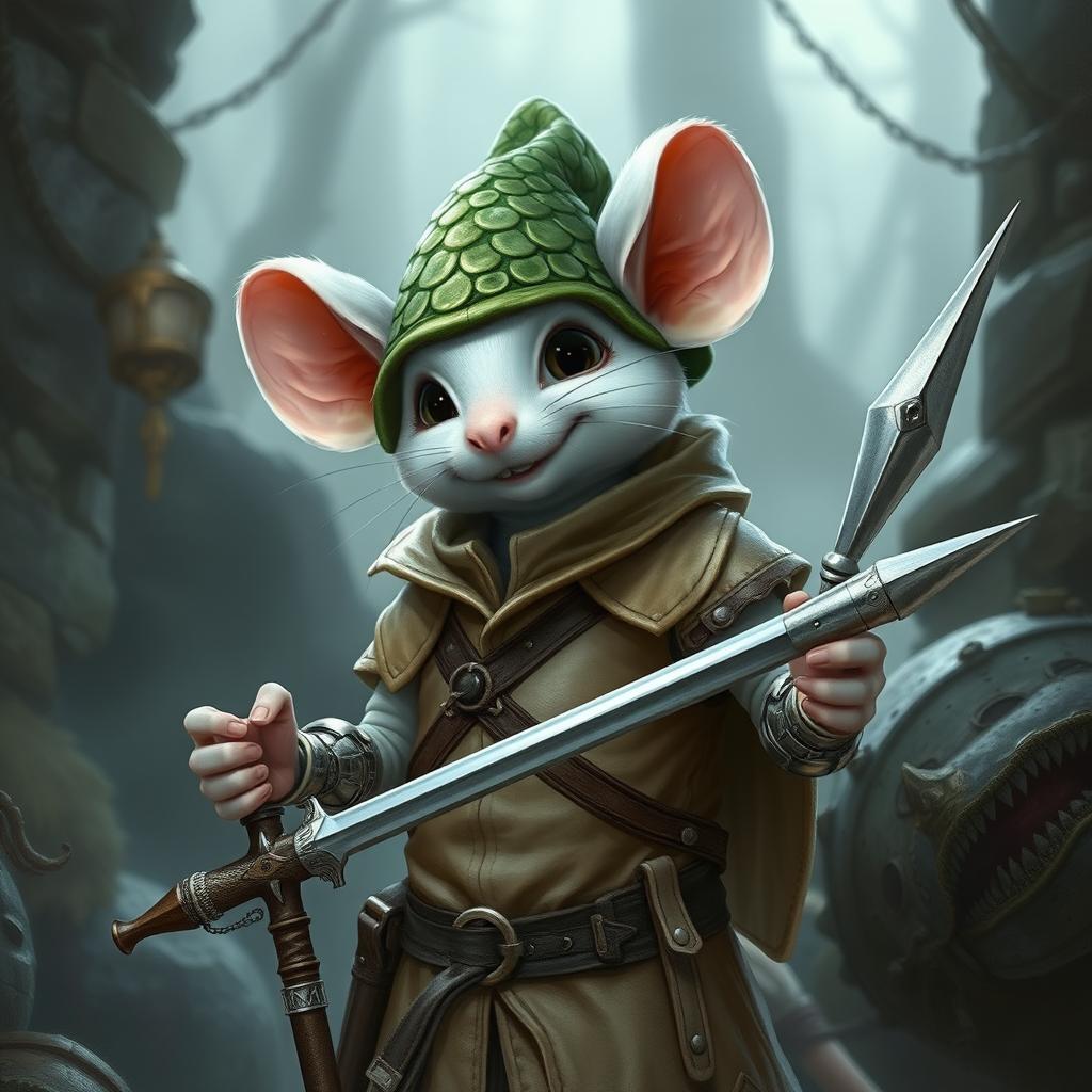 A slender and cheerful humanoid white mouse character in a light leather armor, adorned with a green dragon scale hunter hat