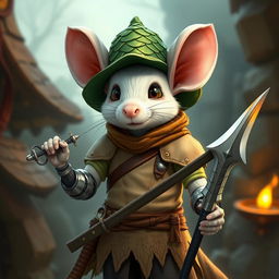 A slender and cheerful humanoid white mouse character in a light leather armor, adorned with a green dragon scale hunter hat