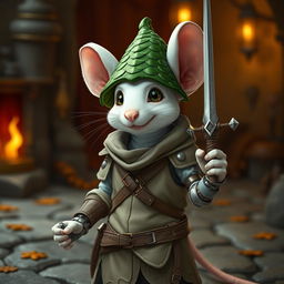 A slender and cheerful humanoid white mouse character in a light leather armor, adorned with a green dragon scale hunter hat