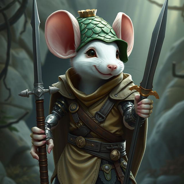 A slender and cheerful humanoid white mouse character in a light leather armor, adorned with a green dragon scale hunter hat