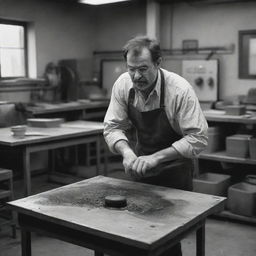 A dramatic scene of an individual in a lithography workshop dealing with an unexpected equipment accident, maintaining workplace safety, no blood or gore