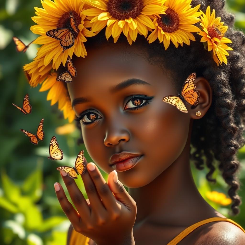 A beautiful black girl with a sunflower crown on her head, surrounded by butterflies gently landing both on the sunflowers and on her extended finger