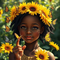 A beautiful black girl with a sunflower crown on her head, surrounded by butterflies gently landing both on the sunflowers and on her extended finger