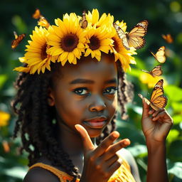 A beautiful black girl with a sunflower crown on her head, surrounded by butterflies gently landing both on the sunflowers and on her extended finger