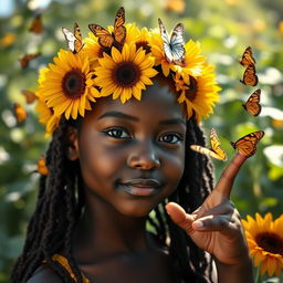 A beautiful black girl with a sunflower crown on her head, surrounded by butterflies gently landing both on the sunflowers and on her extended finger