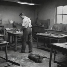 A dramatic scene of an individual in a lithography workshop dealing with an unexpected equipment accident, maintaining workplace safety, no blood or gore