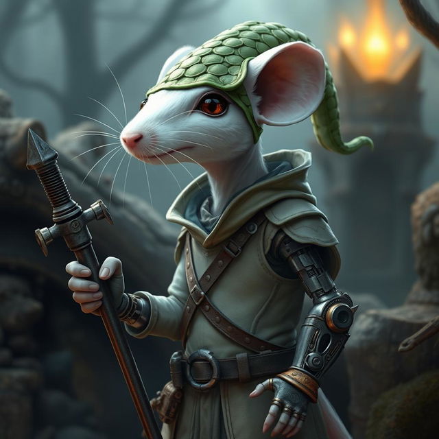 A slender humanoid white mouse character in a light leather armor, adorned with a green dragon scale hunter hat