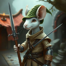 A slender humanoid white mouse character in a light leather armor, adorned with a green dragon scale hunter hat