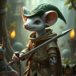 A slender humanoid white mouse character in a light leather armor, adorned with a green dragon scale hunter hat