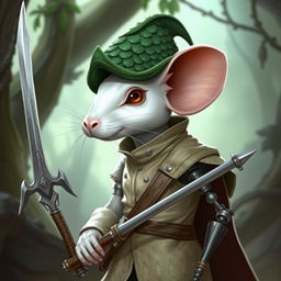 A slender humanoid white mouse character in a light leather armor, adorned with a green dragon scale hunter hat