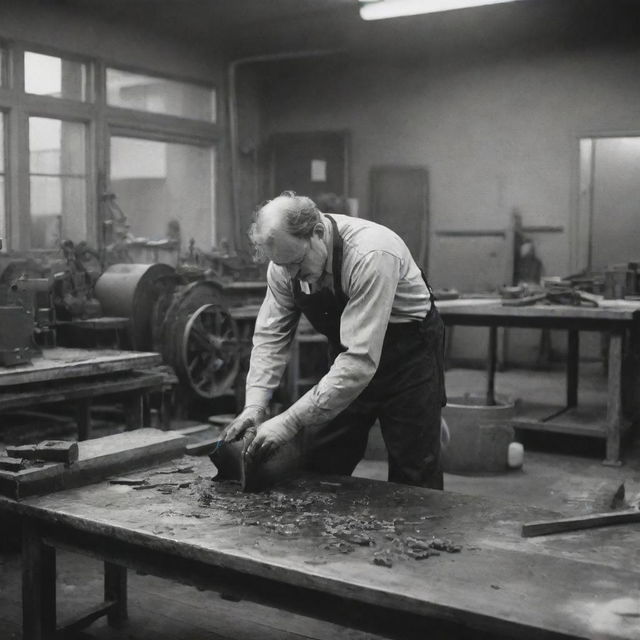 A dramatic scene of an individual in a lithography workshop dealing with an unexpected equipment accident, maintaining workplace safety, no blood or gore