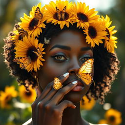 A Black woman with a crown made of sunflowers on her head, with butterflies delicately perched on the flowers and on her finger