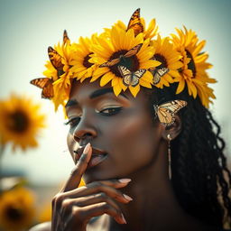 A Black woman with a crown made of sunflowers on her head, with butterflies delicately perched on the flowers and on her finger