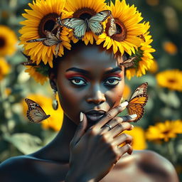 A Black woman with a crown made of sunflowers on her head, with butterflies delicately perched on the flowers and on her finger