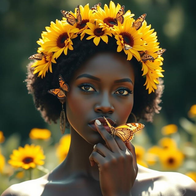 A Black woman with a crown made of sunflowers on her head, with butterflies delicately perched on the flowers and on her finger